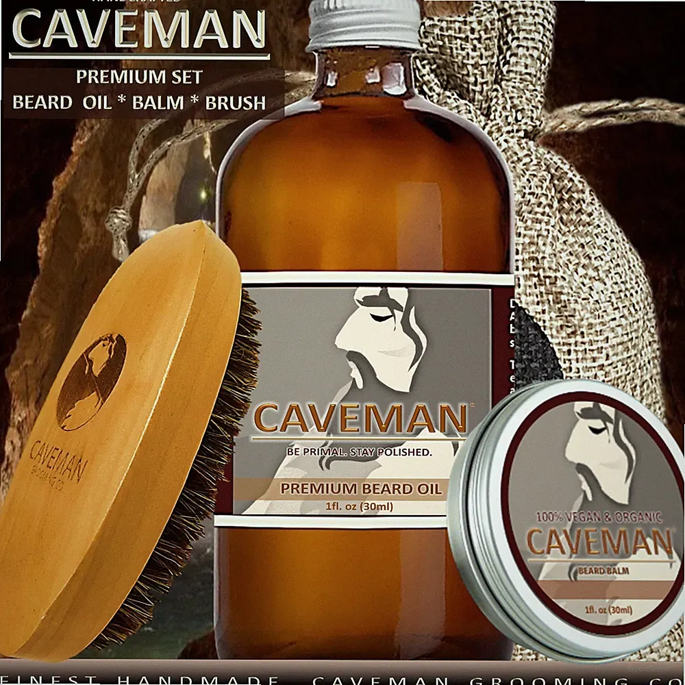 Hand Crafted Caveman® Beard Oil Conditioner + Beard Balm + Brush KIT